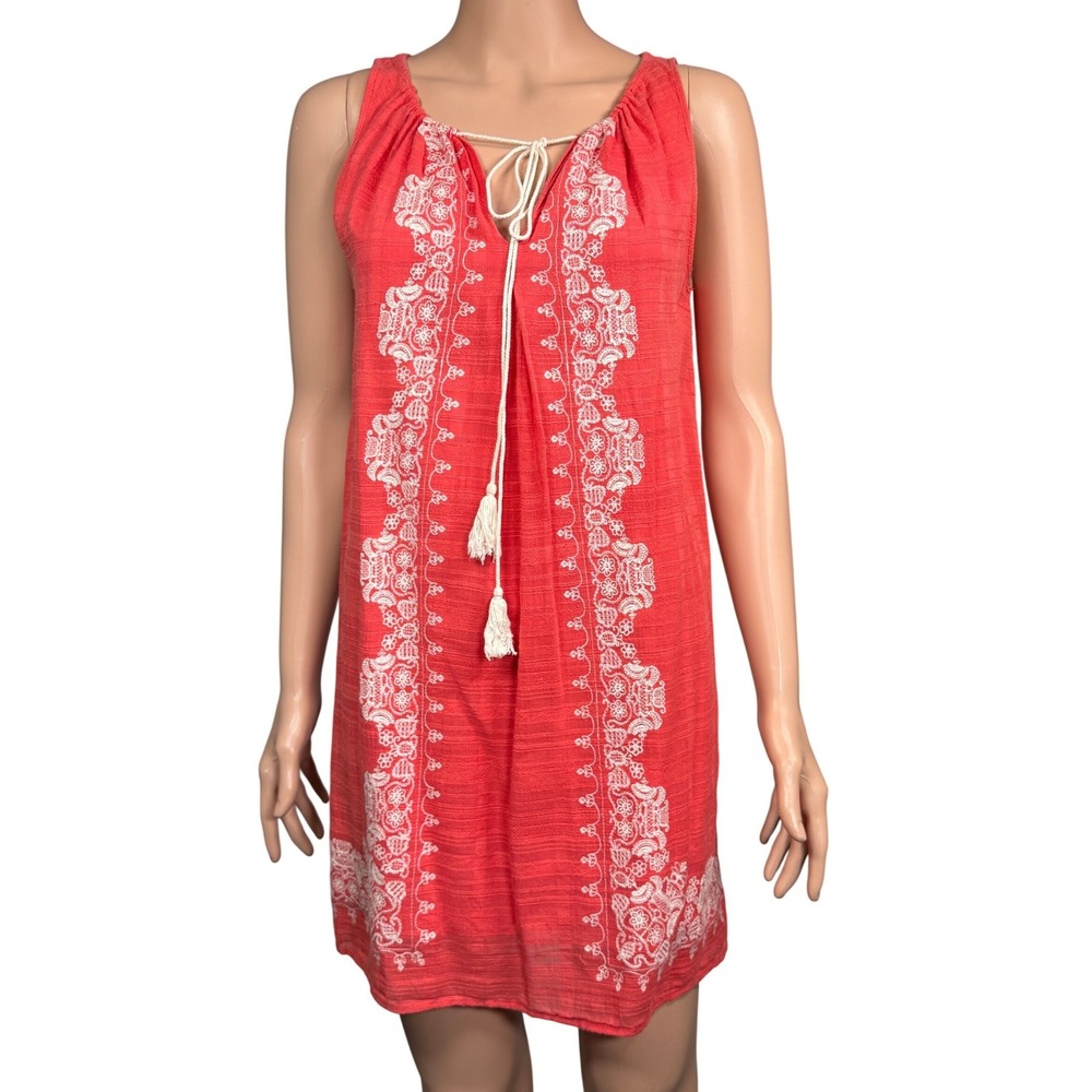Max Studio Coral Red Embroidered Cotton Gauze Tassel Shift Dress 6 S